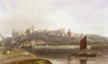 Windsor Castle von der Flusswiese an der Themse, aus einer Sammlung von Ansichten von Windsor, Eton und Virginia Water, ca. 1827-30